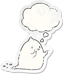 cartoon spooky ghost with thought bubble as a distressed worn sticker