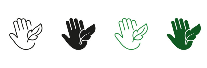 Hypoallergenic Concept Black and Green Icon Set. Sensitive Hand Skin Silhouette and Line Symbol. Soft Hypo Allergenic Sign. Dermatology Delicate Cosmetic, Feather Sign. Isolated Vector Illustration