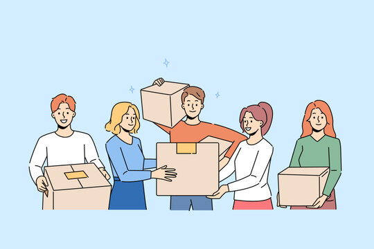 Smiling people with cardboard boxes moving together. Happy men and women with packages engaged in relocation to new home. Vector illustration. 