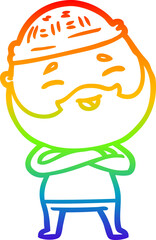 rainbow gradient line drawing of a cartoon happy bearded man