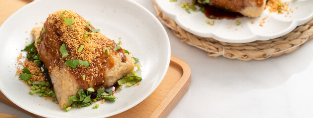 Vegetable zongzi. Vegetarian rice dumpling for Duanwu Dragon Boat Festival food.