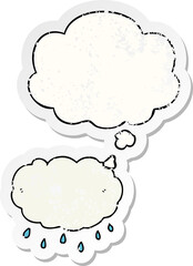 cartoon rain cloud with thought bubble as a distressed worn sticker