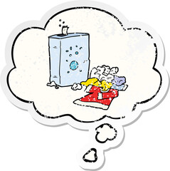 cartoon washing powder and laundry with thought bubble as a distressed worn sticker