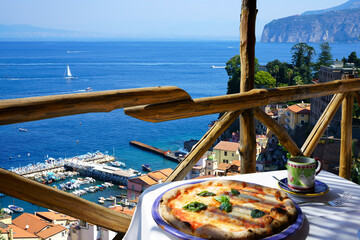 Pizza place terrace overlooking to Sorrento coast, Italy