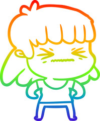 rainbow gradient line drawing of a cartoon angry girl