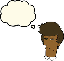 cartoon man narrowing eyes with thought bubble