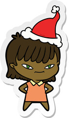 hand drawn sticker cartoon of a woman wearing santa hat