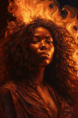 Black woman on burning fire, generative ai