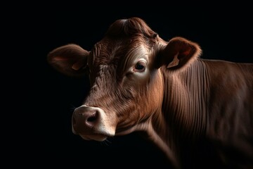 Brown-dressed cow on dark background, high-quality artwork. Generative AI