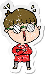 distressed sticker of a cartoon boy wearing spectacles