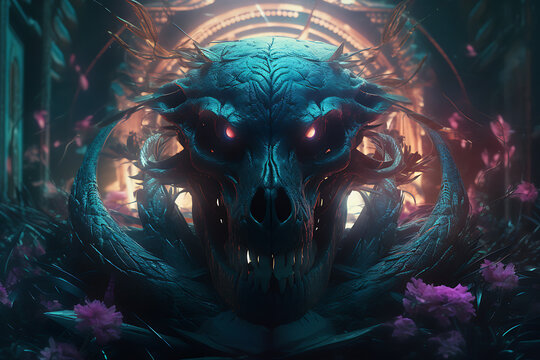 Savanas the god of death, skull and crossbones, Fluorescent Dreamy Mystical colorful glowing fantasy world Imagination of start of mind, generative ai