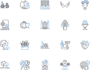 Groundskeeping line icons collection. Mowing, Edging, Trimming, Pruning, Fertilizing, Irrigation, Weeding vector and linear illustration. Aerating,Seeding,Mulching outline signs set