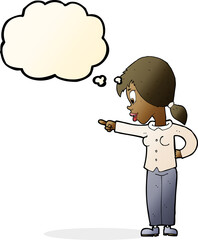 cartoon enthusiastic woman pointing with thought bubble