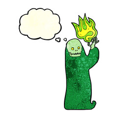 cartoon waving halloween ghoul with thought bubble