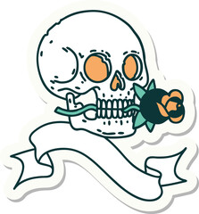 tattoo style sticker with banner of a skull and rose