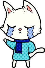 crying cartoon cat wearing winter clothes