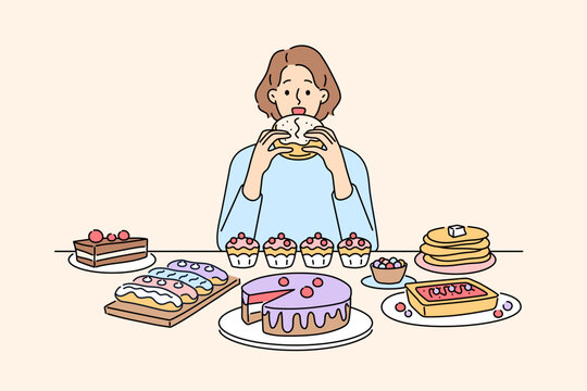 Woman sitting at desk eating many desserts and cakes. Unhappy girl overeating sweet cupcakes and sugar food. Gluttony and overeating. Vector illustration. 