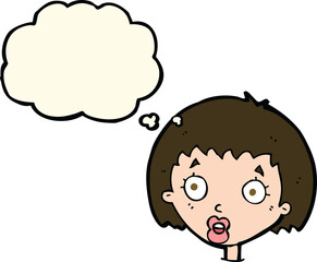cartoon surprised female face with thought bubble