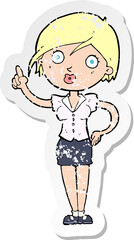 retro distressed sticker of a cartoon pretty woman with idea