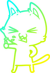 cold gradient line drawing of a cartoon cat hissing