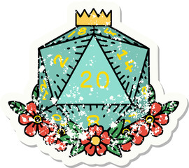 grunge sticker of a natural 20 D20 dice roll with floral elements
