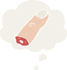 cartoon severed finger with thought bubble in retro style