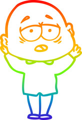 rainbow gradient line drawing of a cartoon tired bald man