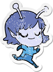 distressed sticker of a smiling alien girl cartoon running