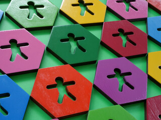 Multi-colored hexagons with figures. Cultural humility concept.