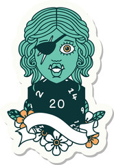 sticker of a half orc rogue with natural twenty dice roll