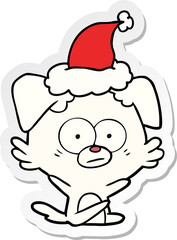 nervous dog hand drawn sticker cartoon of a wearing santa hat