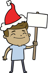 happy hand drawn line drawing of a man with placard wearing santa hat