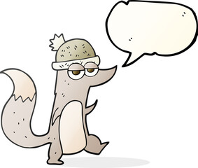 freehand drawn speech bubble cartoon little wolf wearing hat