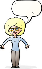 cartoon woman shrugging shoulders with speech bubble