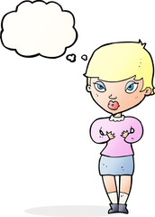 cartoon woman gesturing at self with thought bubble