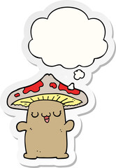 cartoon mushroom creature with thought bubble as a printed sticker