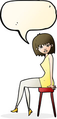 cartoon woman sitting on stool with speech bubble
