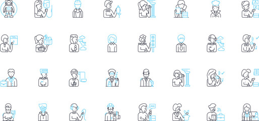 Pseudonyms linear icons set. Alias, Pen name, Nom de plume, Fake name, Alter ego, Incognito, Screen name line vector and concept signs. Nickname,Stage name,Persona outline illustrations