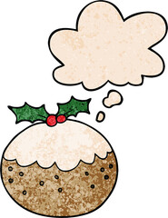 cartoon christmas pudding with thought bubble in grunge texture style