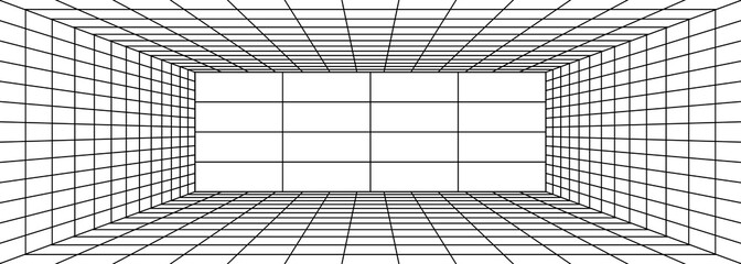 Retro grid tunnel geometry on black background. PNG