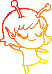 warm gradient line drawing of a smiling alien girl cartoon
