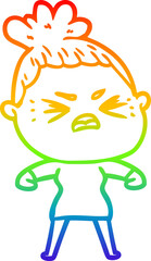 rainbow gradient line drawing of a cartoon angry woman