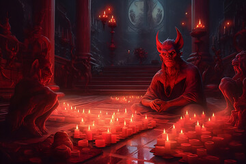 Devil meditate in dark castle full of candles, generative ai - obrazy, fototapety, plakaty