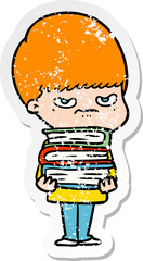 distressed sticker of a angry cartoon boy with books