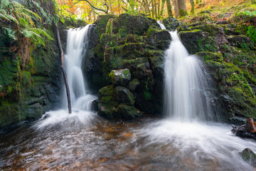Fototapeta na wymiar Venford falls in Dartmoor national park double waterfall devon england uk 