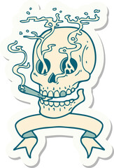 tattoo style sticker with banner of a skull