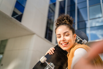 self portrait selfie young Caucasian woman stand outdoor happy smile