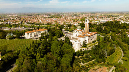 Aerial footage of an italian monastery on a sunny day 