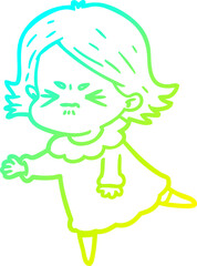 cold gradient line drawing of a cartoon angry woman