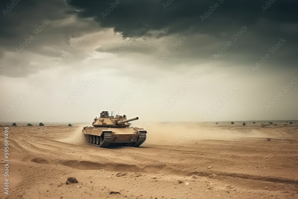 Wall mural Armored war tank on desert during army invasion in storm and sand. Military conflict